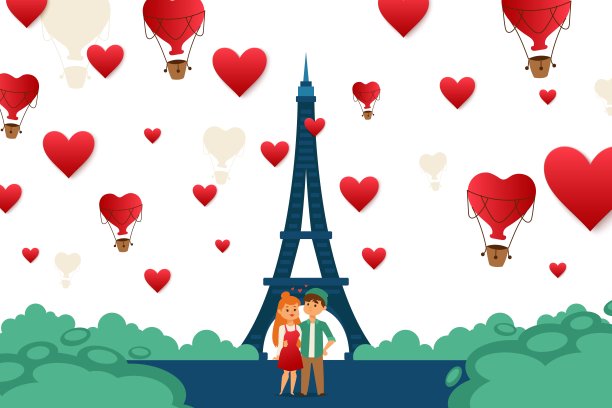 年轻夫妇在巴黎旅行，欧洲矢量插图。一个男孩和一个女孩站在埃菲尔铁塔附近的爱情中心图片下载
