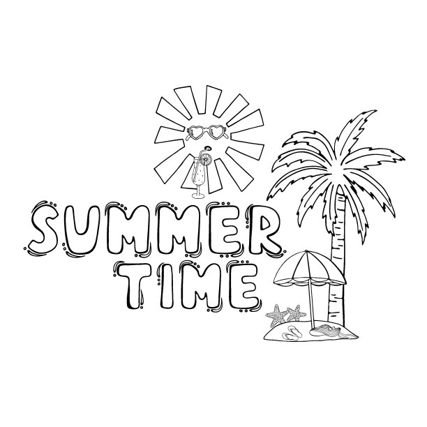 手绘的太阳素描太阳镜和鸡尾酒，热带棕榈树，沙滩伞，海星，帽子，人字拖。刻字夏季。假期假期插画，卡通平面矢量图片下载