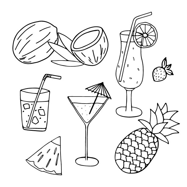 手绘热带水果和鸡尾酒。菠萝，椰子，甜鸡尾酒和酒精，水，冰，草莓。甜蜜假期假期插画，吃喝可爱平矢图片下载