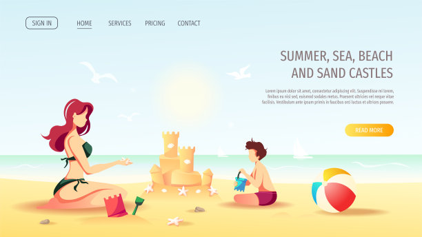 网站设计与女人和男孩建立在海边的沙城堡。图片下载