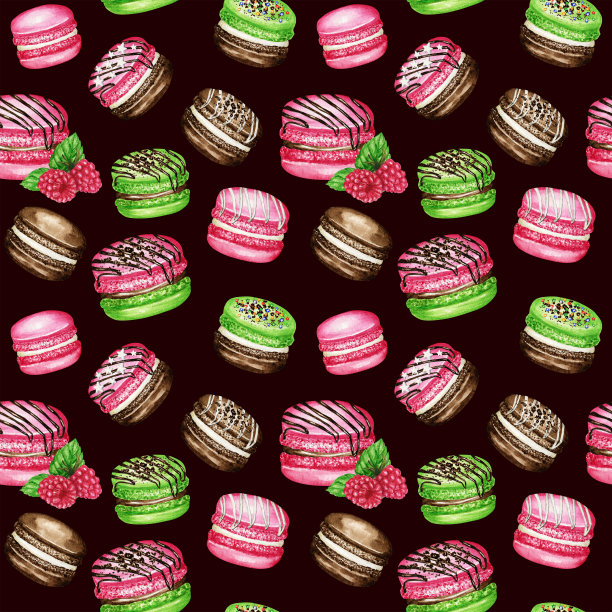 手绘水彩法式马卡龙蛋糕无缝图案。巧克力、香草、水果甜点上深色背景彩色杏仁饼干，绿薄荷粉覆盆子纹理甜美图片下载