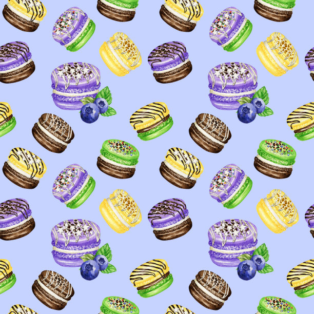 手绘水彩法式马卡龙蛋糕无缝图案。巧克力、香草、水果甜点上的紫色背景彩色杏仁饼干，蓝莓、薄荷、香蕉等质地香甜的织物图片下载