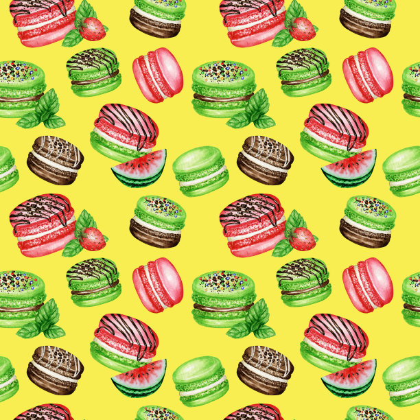 手绘水彩法式马卡龙蛋糕无缝图案。巧克力，香草，水果酥皮甜点上的黄色背景彩色杏仁饼干，西瓜草莓薄荷织物质地甜图片下载