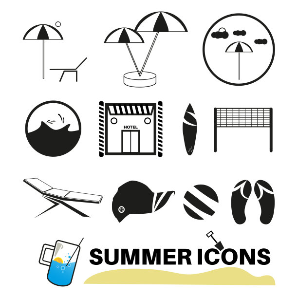 夏季图标与白色背景。黑白图标。图片下载