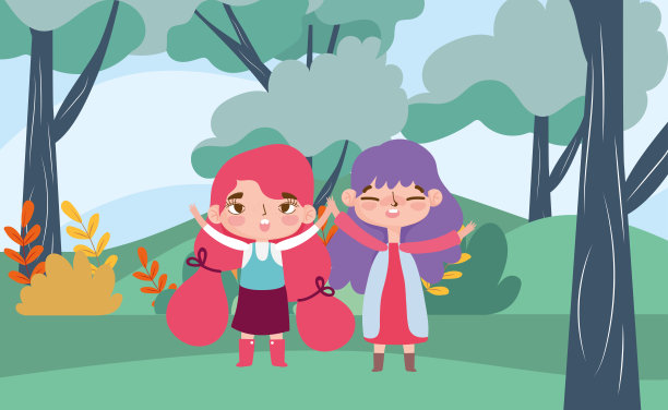 小女孩卡通人物面部表情景观自然背景图片下载