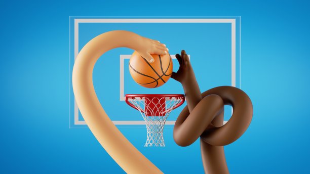 3 d渲染。篮球运动员把球投进篮筐，上篮。非洲和高加索卡通人物的手。运动剪贴艺术孤立的蓝色背景。图片下载