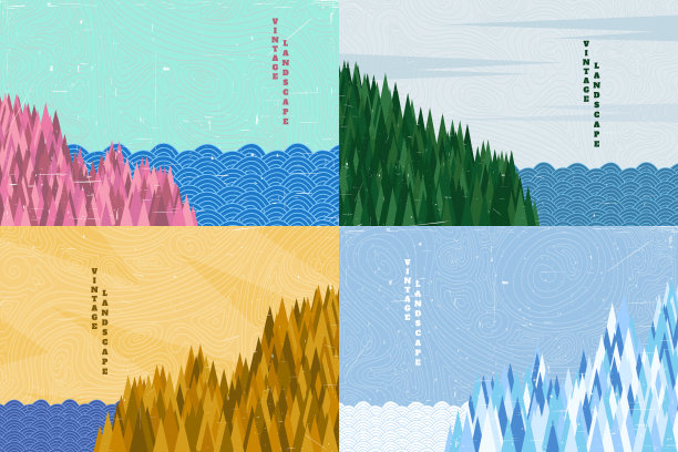 矢量插图集。木材表面纹理。森林附近有水景。四季。设计礼品卡。复古风格。旧纸有划伤效果。清晰的猪圈。平面风格墙纸收集。图片下载