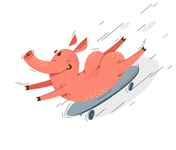有趣的卡通猪骑滑板溜冰矢量插画，积极快乐的享受动物猪人物画。图片下载