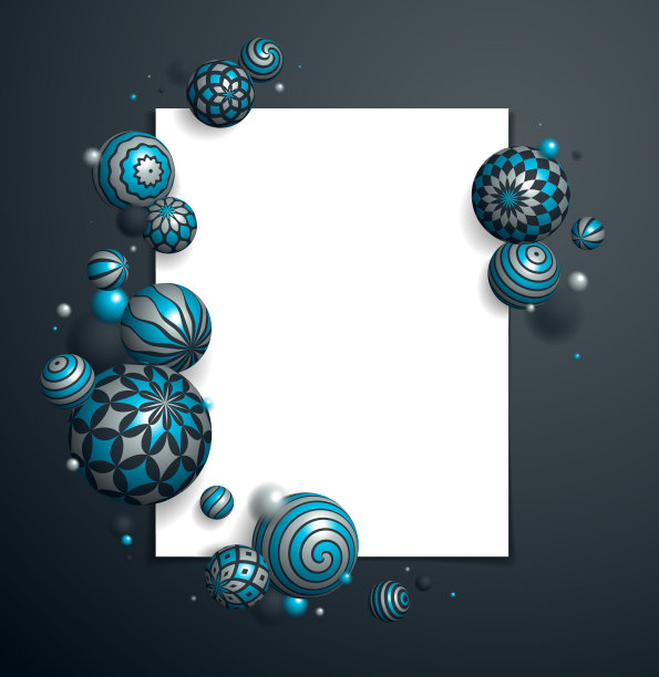 抽象球体矢量背景与空白纸片，组成飞行球装饰图案，3D混合各种逼真的球体与装饰品，景深效果。图片下载