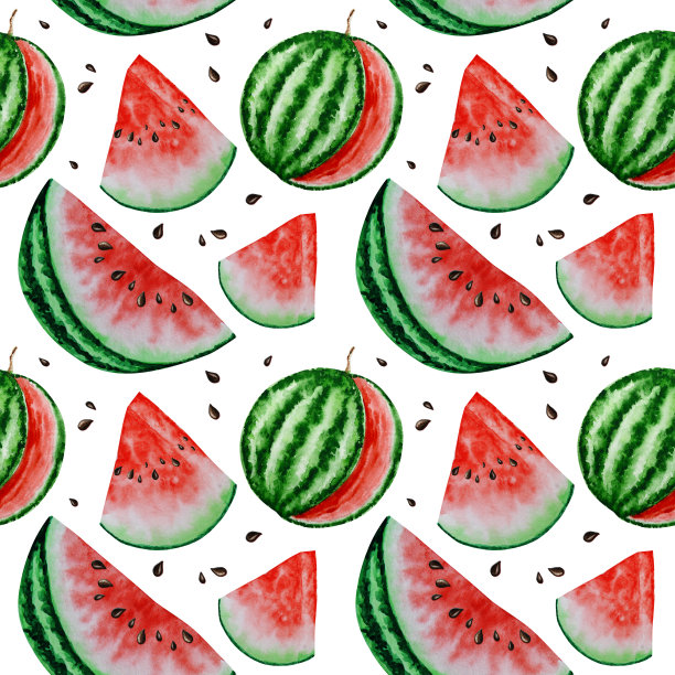 西瓜切片水果无缝图案水彩手绘插画，新鲜健康食品-天然有机食品织物纹理上的白色背景。剪贴簿纸图片下载