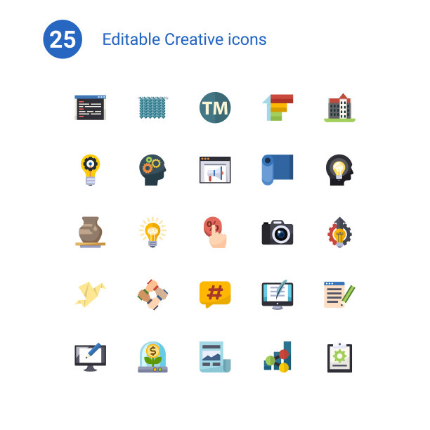 25个创造性的平面图标设置孤立的图标集图片下载