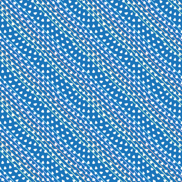 矢量抽象无缝波浪模式与几何鱼鳞布局。小的白色水滴在深蓝色的背景与对角彩虹条纹。包装用纸，印花棉布图片下载