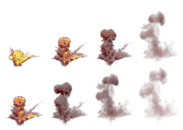 许多巨大的炸弹爆炸蘑菇云与火和烟孤立在白色背景上的图像-物体的3D插图图片下载