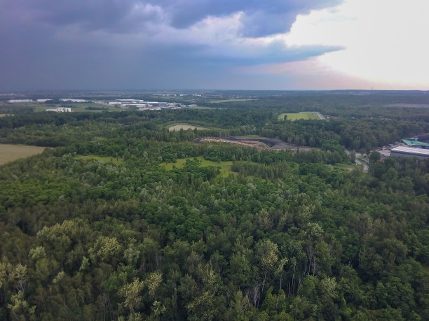 俯视图，航拍照片从无人机或气球农村的房子，道路，草地和绿色的田野图片下载