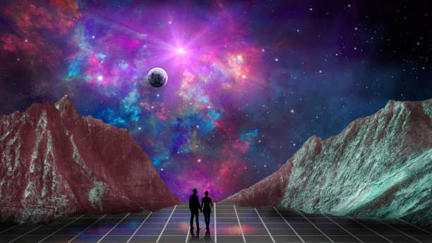 空间背景。情侣剪影漫步在岩石，彩色星云和行星的方形地板上。图片下载