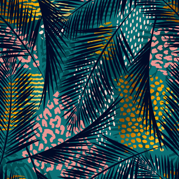 时尚无缝异国情调图案与手掌，动物印花和手绘纹理图片下载