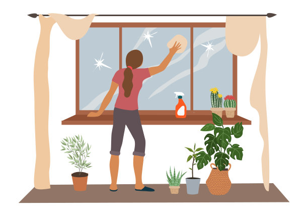 春季打扫房子的妇女在清洗窗户图片下载