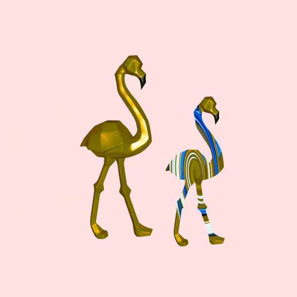 当代拼贴。一对可爱的粉红色火烈鸟，在粉红色的背景下，金色的。抽象概念，情人节，家庭。图片下载