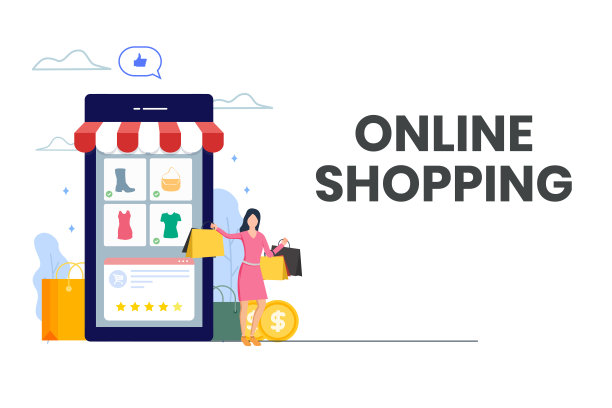 快乐女人做网上购物。有手机网购概念，产品列表，用户评分，手机界面。平的标题说明。向量图片下载