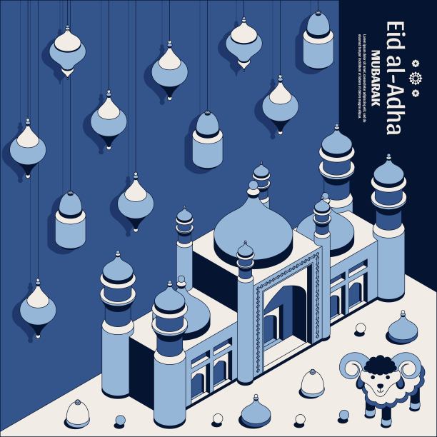 古尔邦节背景等距。伊斯兰阿拉伯清真寺，灯笼和羊。贺卡。祭牲节图片下载