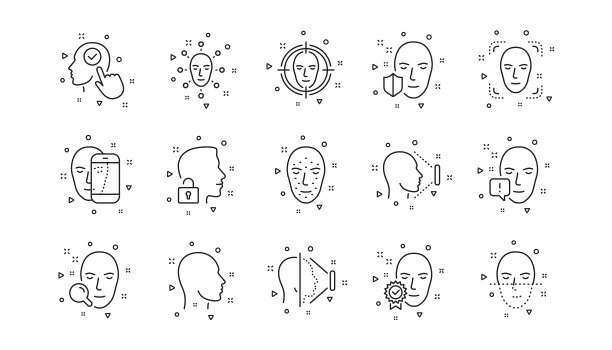 脸部识别线条图标。生物识别检测，人脸识别扫描。线性的图标集。向量图片下载