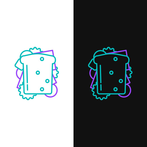 绿色和紫色线三明治图标孤立在白色和黑色背景。汉堡图标。汉堡食品的象征。芝士汉堡的迹象。街头快餐菜单。矢量图图片下载