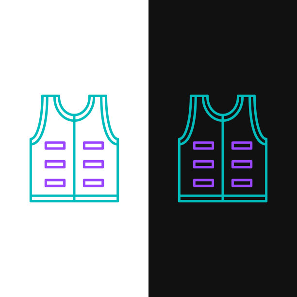 绿色和紫色线狩猎夹克图标孤立在白色和黑色的背景。狩猎背心。矢量图图片下载