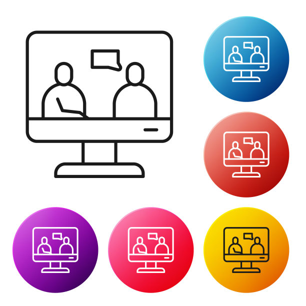 在线教育和毕业图标孤立在白色背景上。在线老师当班长。网络研讨会和视频研讨会学习。设置彩色圆形按钮图标。矢量图图片下载