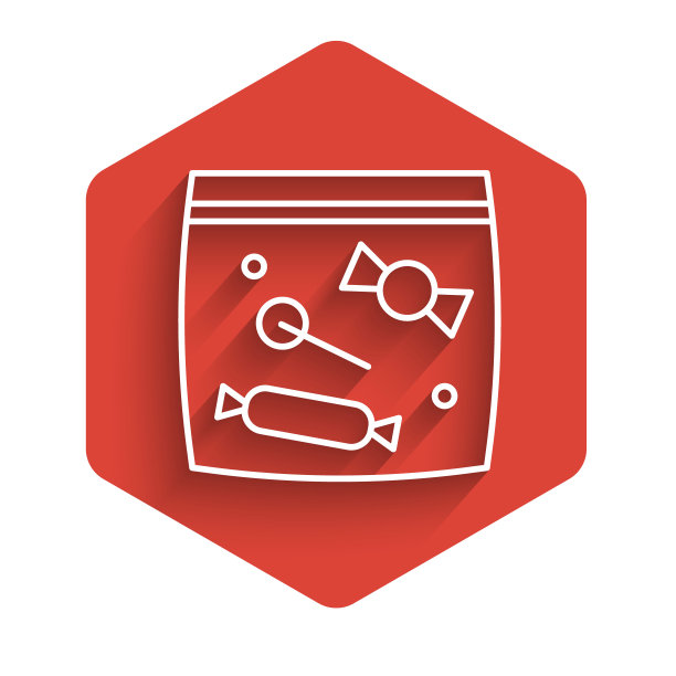 白色线糖果包装糖果图标孤立与长阴影。袋糖果。红色的六角按钮。向量图片下载