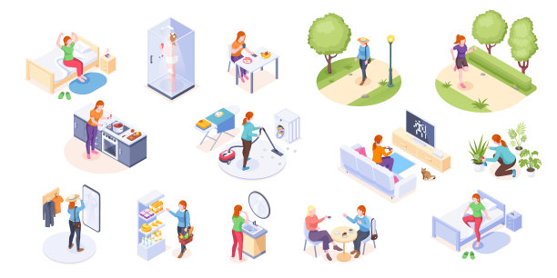 女人的日常生活，家庭日常和日常生活，矢量等距图标。女人每天的休闲活动，早上起床，吃早饭，在公园跑步，做饭和购物，打扫房子和洗衣服图片下载