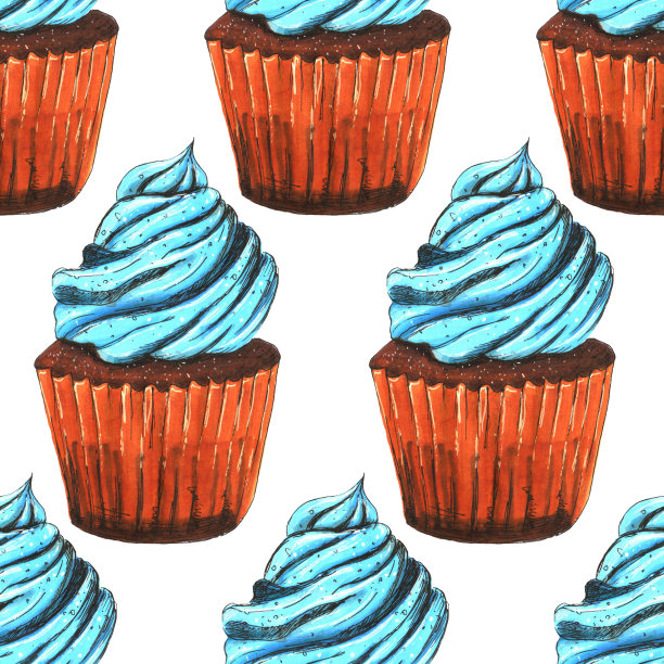插图，记号笔，蓝奶油杯蛋糕，无缝图案图片下载