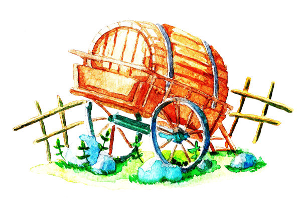 桶放在推车上，水彩画图片下载