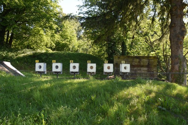 在一个室外目标范围内的一排火力目标。白色靶标配备了金属线技术，可以将被标记的目标带到射击者面前。图片下载