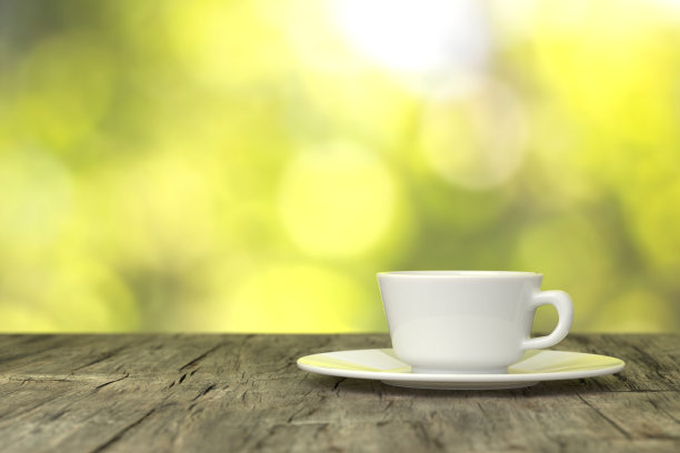 咖啡杯放在木地板上。3 d渲染。图片下载