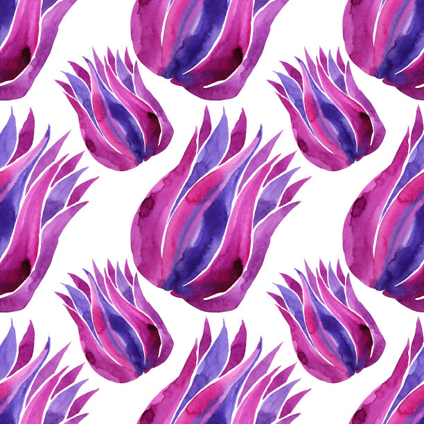 无缝图案水彩手绘蓝色，紫色和粉红色抽芽花在白色。艺术创作的自然背景为卡片，包装，纺织品，壁纸，花店图片下载