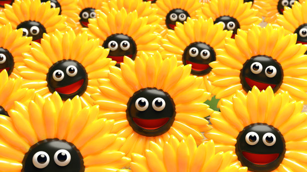 3d微笑快乐的黄色向日葵田看着镜头图片下载