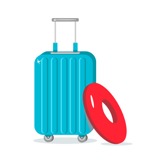 蓝色行李箱和红色橡胶圈隔离在白色背景上。彩色塑料旅行袋。时间旅行。矢量插图在平面风格。旅游的概念图片下载