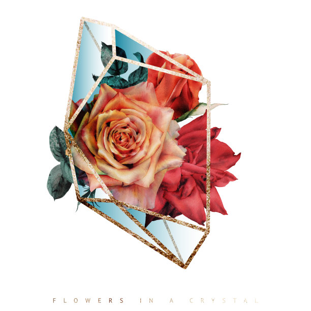 水晶花束。带有鲜花和水晶的贺卡，可作为婚礼、生日等节假日和夏季背景的请帖。水彩。图片下载