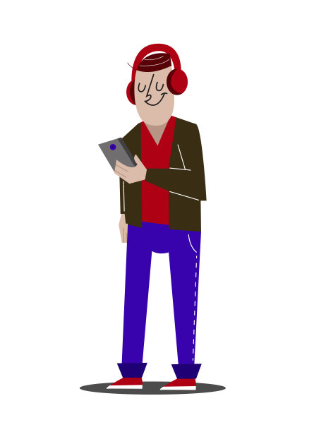 卡通现代年轻人听音乐耳机，在社交网络上的智能手机上交流，矢量插图图片下载