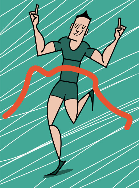 年轻的白人男性运动员越过终点线，矢量插图图片下载
