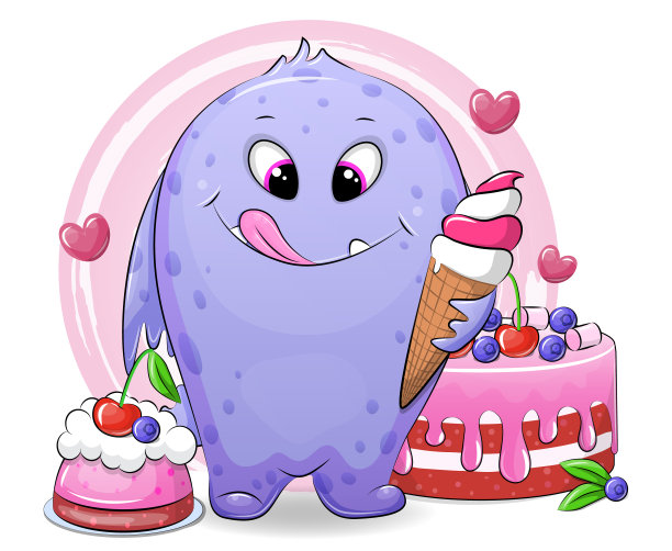 可爱的卡通小怪物与冰淇淋和蛋糕。图片下载