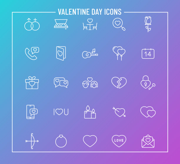 情人节轮廓矢量图标的颜色梯度背景。情人节图标设置为网页设计和用户界面设计，移动应用程序和打印产品图片下载