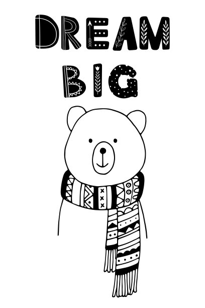 梦想大的斯堪的纳维亚涂鸦卡与字母和熊。图片下载
