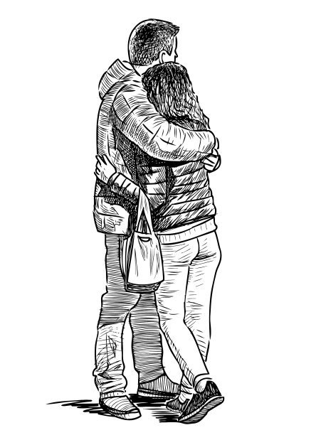 素描年轻夫妇在城市里相爱的拥抱图片下载