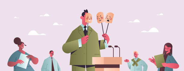 在选举日，一名候选人用不同表情的面具掩盖着自己的脸图片下载