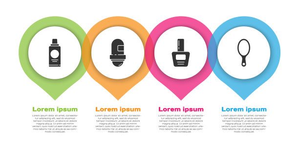 套装洗发水、止汗除臭卷、指甲油瓶、手镜。业务信息模板。向量图片下载