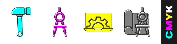 设置锤子，绘图指南针，笔记本电脑和齿轮和绘图纸和指南针图标。向量图片下载