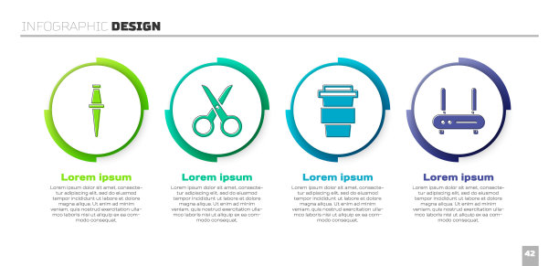 设置好推针，剪刀，咖啡杯，路由器和无线信号。业务信息模板。向量图片下载