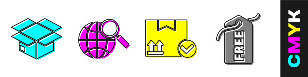 设置纸盒，带地球仪的放大镜，带勾号的包装盒和带免费图标的价格标签。向量图片下载