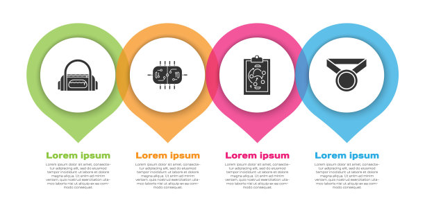 集运动包，曲棍球桌，计划策略和奖章。业务信息模板。向量图片下载